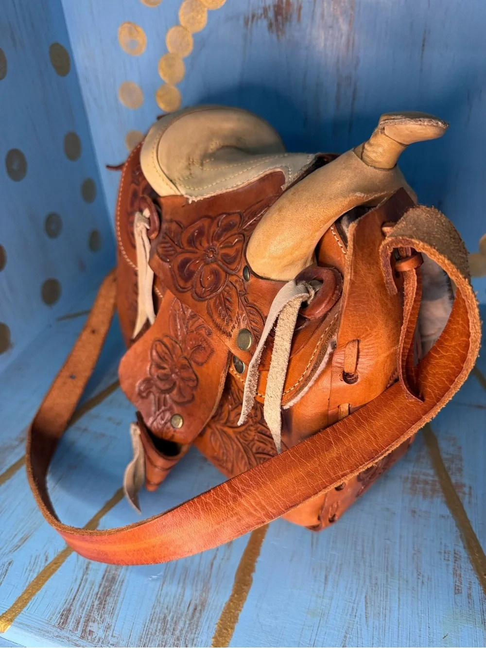 Vintage Hand-Tooled Leather Saddle Crossbody Bag with Floral design